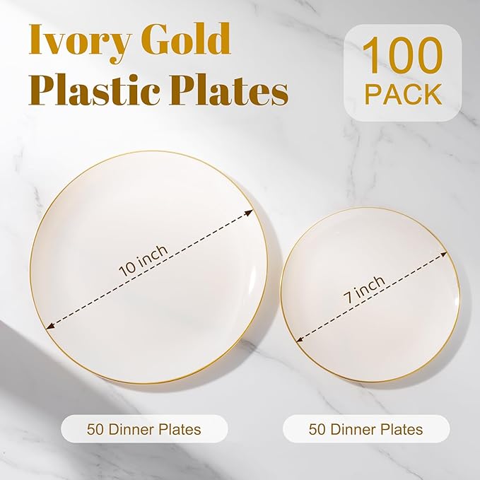bUCLA 100PCS Ivory Plastic Plates with Gold Rim - Heavy Duty Cream Disposable Include 50 Dinner 10 inch & 50 Dessert 7 inch, for Party & Wedding