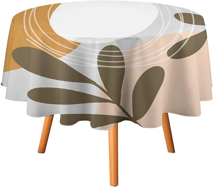 Boho Mid Century Round Tablecloth, Bohemian Abstract Modern Leaves Tablecloth for Home Party Dining Room Kitchen Decor 70Inch(178cm)