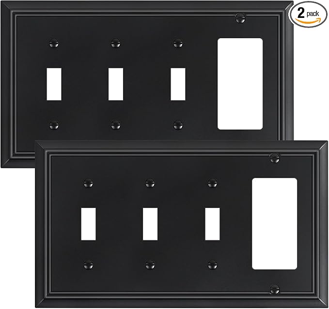 2-Pack Combo Triple Toggle/Decorator Outlet Cover Plate, Black Decorative Switch Plates and Outlet Covers, Durable Natural Bamboo Fiber Wall Plates for Electrical Outlet, Receptacle, GFCI Outlet