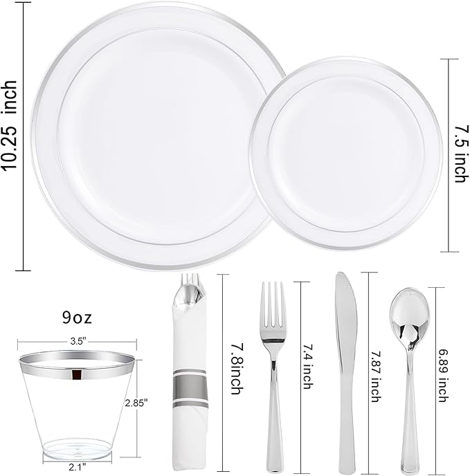 WELLIFE 700 Pcs Silver Plastic Plates for 100 Guests -Party Supplies Includes 200 Silver Plates,300 Plastic Silverware,100 Napkins,100 Cups for Party and Wedding