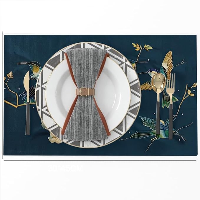 12"x18" Navy/Green Hummingbird Golden White Flowers Placemats Set of 4 Washable Thick Place Mats Kitchen Table Mats Decorative Linen Fabric Table Mat for Dining Table Kitchen Home Decor
