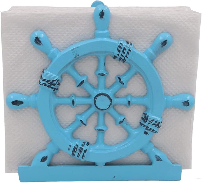 THDC Nautical Napkin Holder, Lunch, Dinner, Nautical Collection Napkin Holder, Made of Metal (Wheel Distressed Blue)