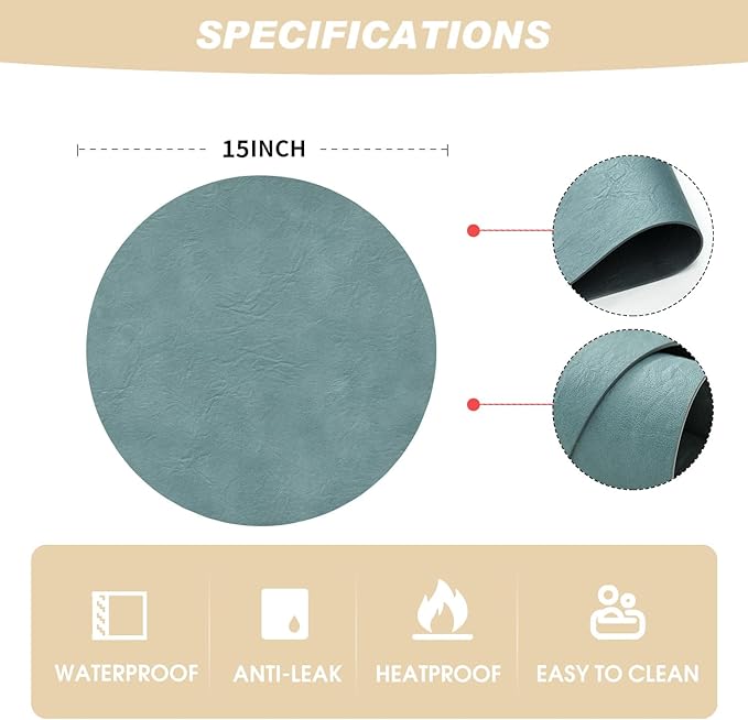 Artoid Mode Blue Faux Leather Placemats Set of 4, 15 Inch Waterproof Wipeable Heat Resistant Vinyl Place Mats, Reversible Table Mats for Winter Kitchen Dining Decor