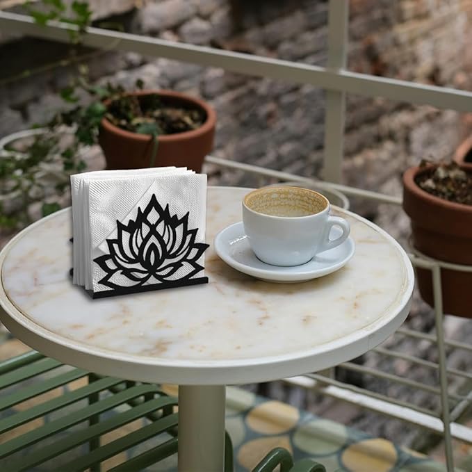 Lotus Flower Decorative Black Metal Napkin Holder for Table, 5.3" x 4.1" x 2" Floral Standing Napkin Holder for Home Kitchen Restaurant Picnic Party Coffee Bar Dining Room