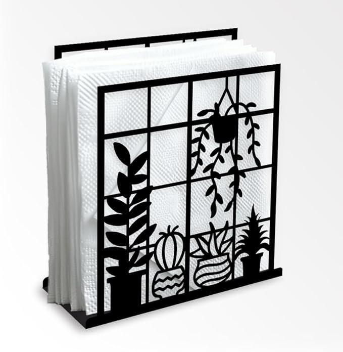Potted Plant Decorative Black Metal Napkin Holder for Table, 4.9"x5.3"x1.9" Window Sill Hanging Basket Standing Napkin Holder for Home Kitchen Restaurant Picnic Party Coffee Bar Dining Room