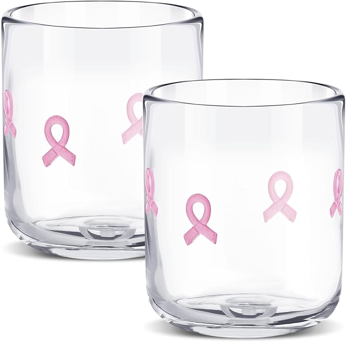 Icon Juice Glasses, 14oz Stemless Wine Drinking Juice Glass Cup for Valentine Party Supplies Gift(2 Pcs,Pink Cancer Ribbon)