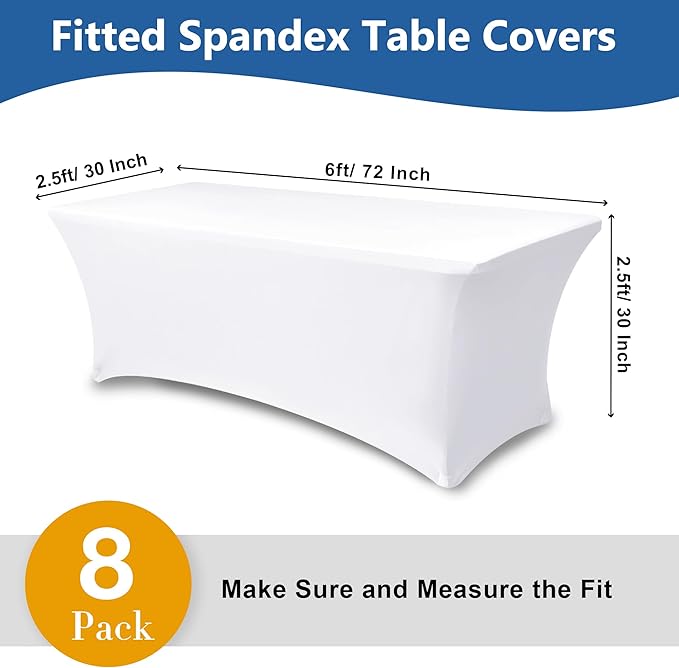 Table Cover for 6 foot Rectangle Tables-8 Pack White Fitted Stretch Tablecloth-Elastic Spandex 6ft Folding Tablecloths for Party, Vendor Booth Display, Banquet Buffet Event, Craft Trade Show