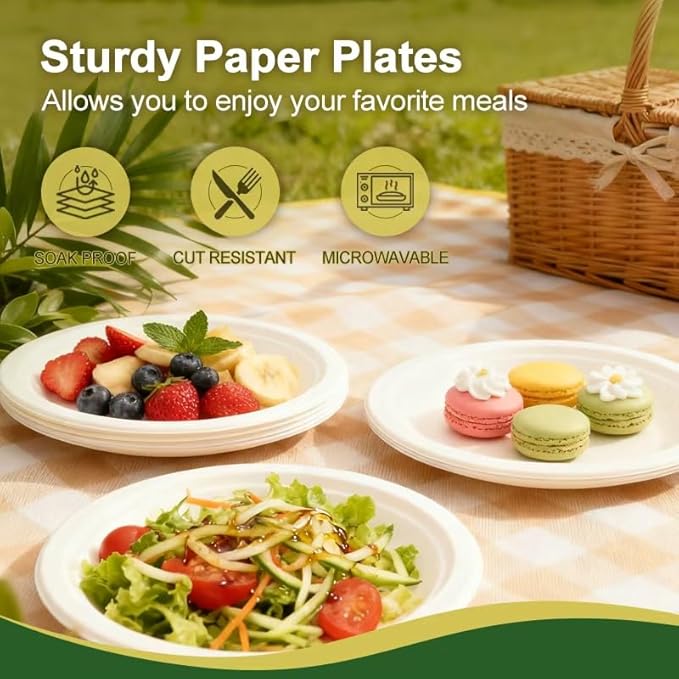 Disposable Plates, 10 Inch,100 pack, Natural Color, bagasse,sugarcane,Biodegradable Paper Material, Round Shape