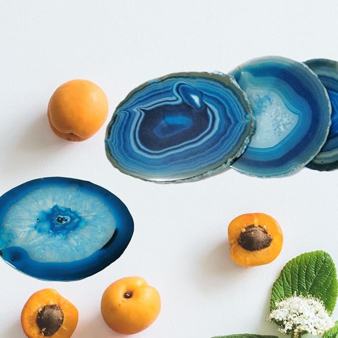 Crystal Coasters Set of 4 Agate Coaster Teal Irregular Dyed 4-5" for Drinks Coffee Wine Bar Glasses with Rubber Bumpers
