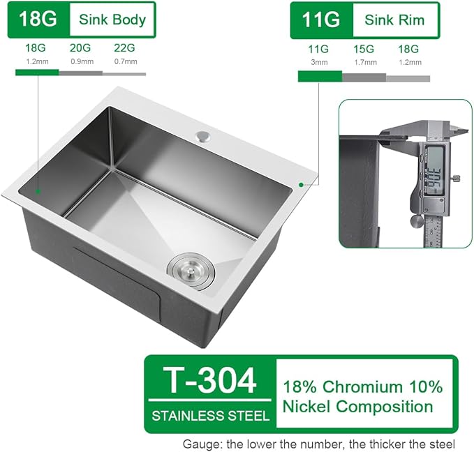 25x18 Inch Kitchen Sink, Commercial Grade 304 Steel Kitchen Sink, Centre-Offset Drain, 9" Deep Single Bowl Kitchen Sinks, Brushed(Inclued Bottom Grid & Drain Strainer)