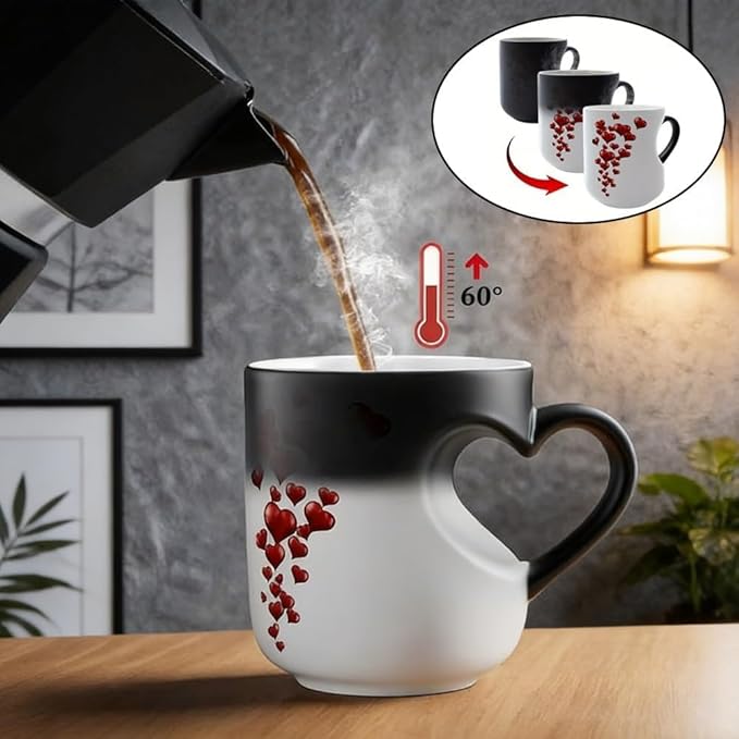 Heart-Shaped Color Changing Magic Ceramic Mug, Funny Heat Sensitive Coffee Cup Reveals Surprise Design with Hot Drinks for Valentine's Day & Anniversaries (1pcs)