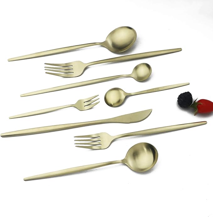 JASHII 32-Piece Tableware Set Stainless Steel Flatware Set with Coffee Spoon Long Handle Spoon Premium Cutlery Service for 4 Satin Finish Utensils for Home (Champagne gold)