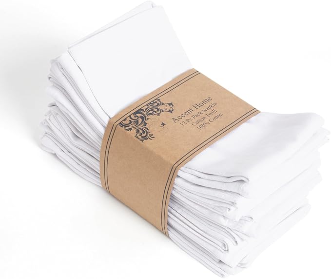 ACCENTHOME Accent Home 100% Cotton Napkins, Delicate Cloth Napkins for Dinners, Parties and Weddings，18 x 18 Inch Set of 12 - White