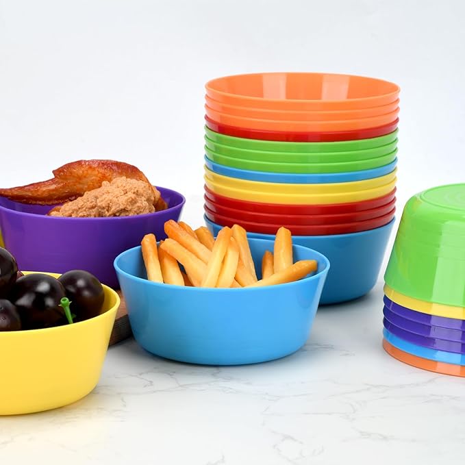 24-Pack Plastic Bowls 10 oz, Microwave & Dishwasher Safe, 6 Vibrant Colors (4 Each), Lightweight Stackable Bowls for Cereal, Salad, Soup, Snacks, Party, Camping