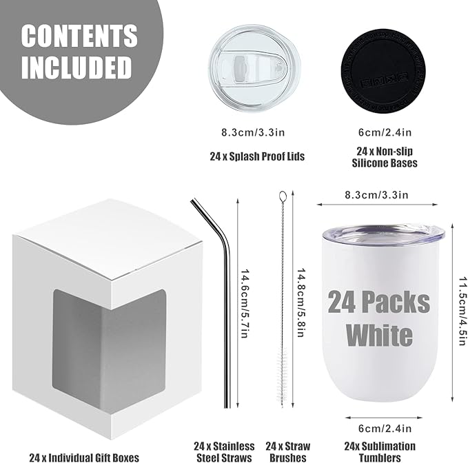 BetterSub 12oz Sublimation Straight Wine Tumblers Blanks Double Wall Insulated Stainless Steel Tumblers Bulk Sublimation Tumbler Cup with Lid, Metal Straw, Brush, Display Box, 24 Pack
