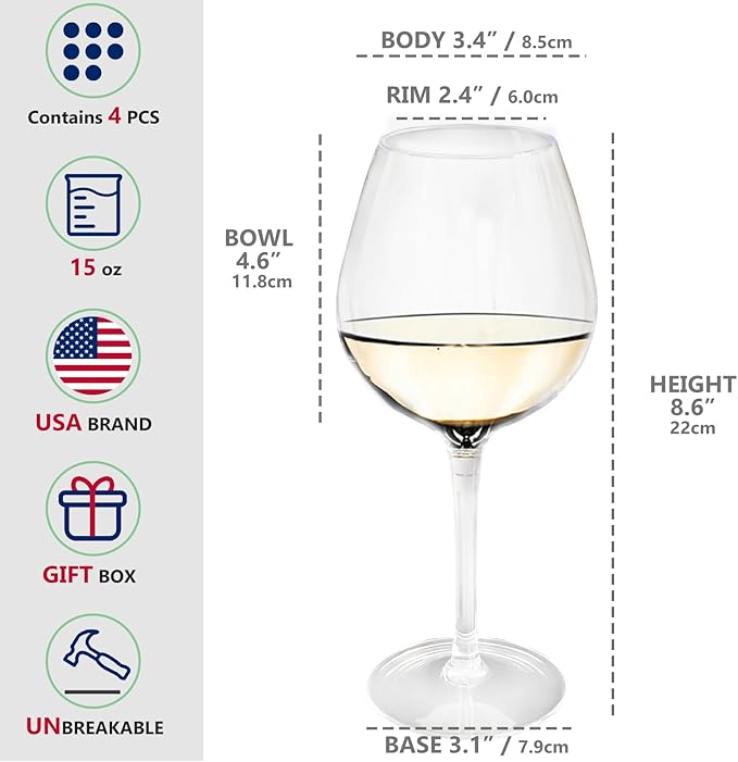 Plastic Wine Glasses Set of 4(15oz) |Unbreakable Wine Glasses with Stem|100% Tritan & BPA Free |Dishwasher Safe| Awesome For Pool, Beach, Travel, Pool, Camping, Beach, Picnic, Everyday Use.