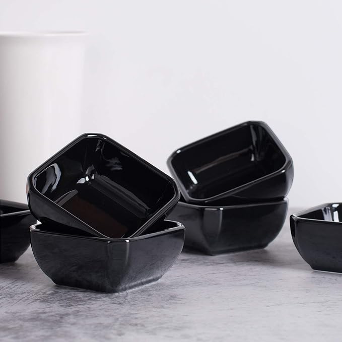 Delling Square Porcelain Ramekins - Oven Safe, Set of 6 Black, Perfect for Creme Brulee & Souffle