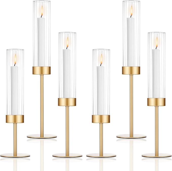 Tall Hurricane Candle Holders Set of 6, Gold Glass Taper Candlestick Holders for Wedding, Christmas, Dining Table, Party & Home Decor