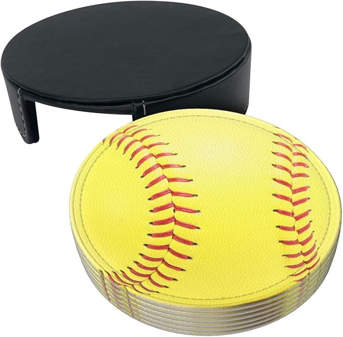 Softball Yellow Coasters for Drinks with Holder Round Leather Coasters Set of 6 Cups Mugs Mat Pad for Home Kitchen Bar