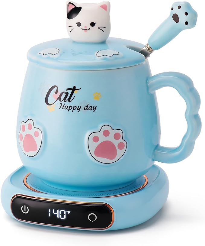 Bgbg Coffee Mug Warmer & Cute Cat Mug Set, Beverage Cup Warmer for Desk Home Office with Three Temperature Up to 140℉/ 60℃, Coffee Warmer for Cocoa Milk Tea Water Candle, 8 Hours Auto Shut Off