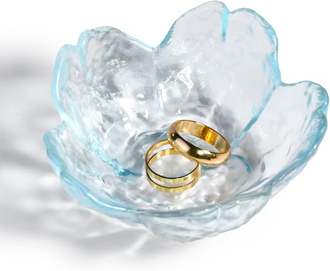 Cherry Blossom Glass Ring Holder Dish, Decorative Jewelry Trinket Rings Earrings Keys Storage Organizer Tray(Sky Blue)