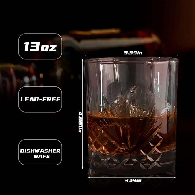SHOSHIN Hand Cut Whiskey Glasses - Rocks Glasses Set 4- Old Fashioned glass 13Oz, Clear Crystal Whiskey Bourbon Glass, Handmade gifts Scotch Glass, Bar Glasses