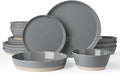 Famiware Saturn 16 Pieces Plates and Double Bowls Sets for 4, Stoneware Dinnerware Set with Pasta Bowl, Dish Set with Trim - Chip & Scratch Resistant, Microwave & Dishwasher Safe, Dark Gray