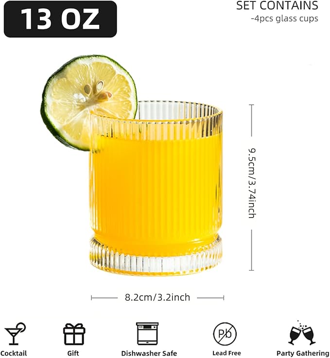 Ribbed Glass Cups Set, 13oz Vintage Drinking Glassware Set, 4 Piece Premium Glassware, Elegant Mixed Glassware Set, Origami Style Cocktail Glasses, Great for Cocktail, Whisky & Beverages (4PCS)