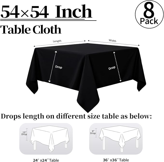 8 Pack Black Square Tablecloth 54x54 Washable Polyester Table Cloth for Square or Round Tables, Wrinkle Resistant Fabric Decorative Covers for Dining Party Banquet Buffet and Wedding