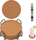 Set of 6 Silicone Coasters, 4'' Drink Coaster with Holder, Round Coasters for Drinks Beer Coffee Home Office Bar Desk Tabletop Protection, Non-Slip Rubber Coaster (Tawny, 6 Pcs-Metal Holder)