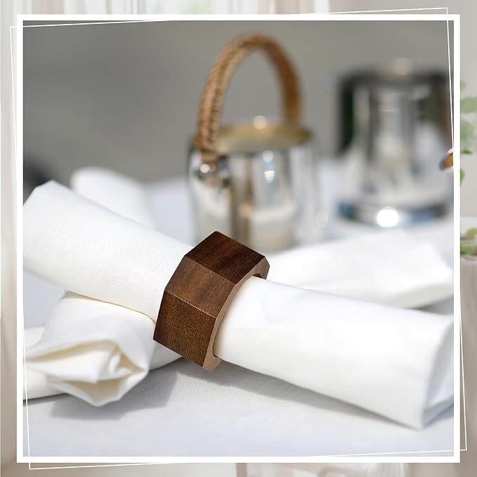 Zhehao 50 Pcs Wood Napkin Rings Bulk Acacia Handmade Dining Table Napkin Holder Buckles for Winter Spring Valentine's Day Wedding Dinner Harvest Holiday Table Decoration(Octagon,Brown)