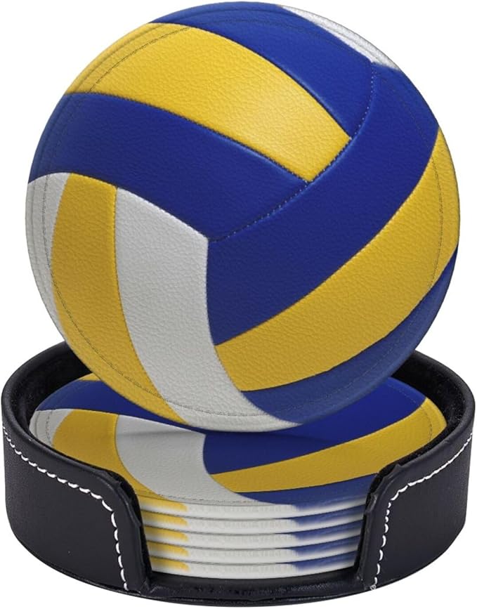 Volleyball Coasters for Drinks with Holder Round Leather Coasters Set of 6 Cups Mugs Mat Pad for Home Kitchen Bar