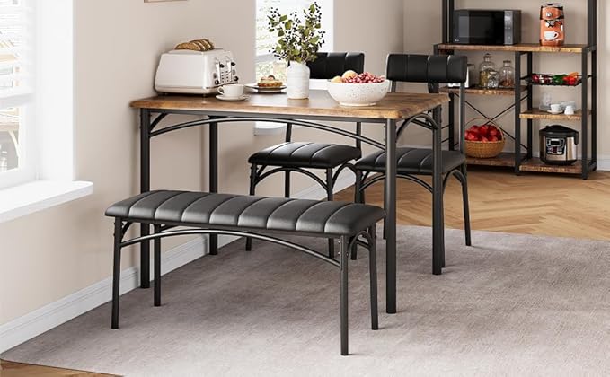 4-Piece Small Dining Table Set – Wood Table with 2 Upholstered Chairs & Bench, Space-Saving Retro Kitchen Dining Set for Small Apartment/Dining Room, Brown