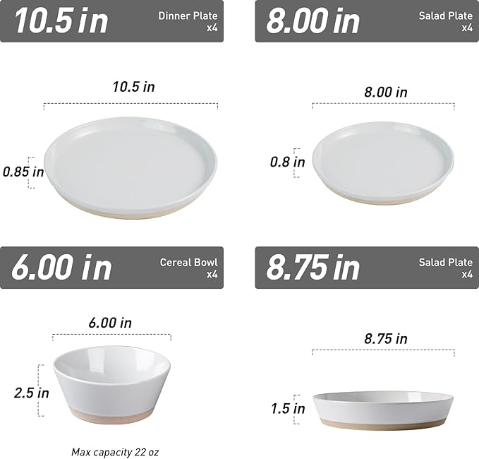 Famiware Saturn 16 Pieces Plates and Double Bowls Sets for 4, Stoneware Dinnerware Set with Pasta Bowl, Dish Set with Trim - Chip & Scratch Resistant, Microwave & Dishwasher Safe, Light Gray