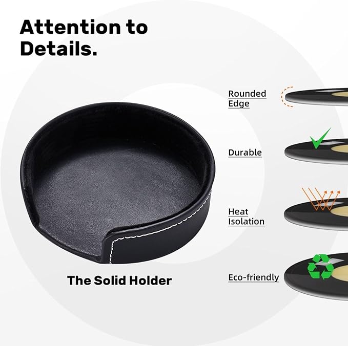 Black 8 Billiard Coasters for Drinks with Holder Round Leather Coasters Set of 6 Cups Mugs Mat Pad for Home Kitchen Bar