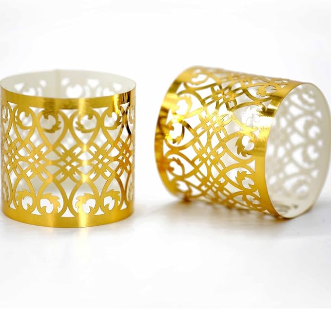 100 Pcs Napkin Rings Laser Cut Premium Paper Napkin Holder for Wedding Party Christmas Dinner Serviette Table Restaurant Celebration (Gold)