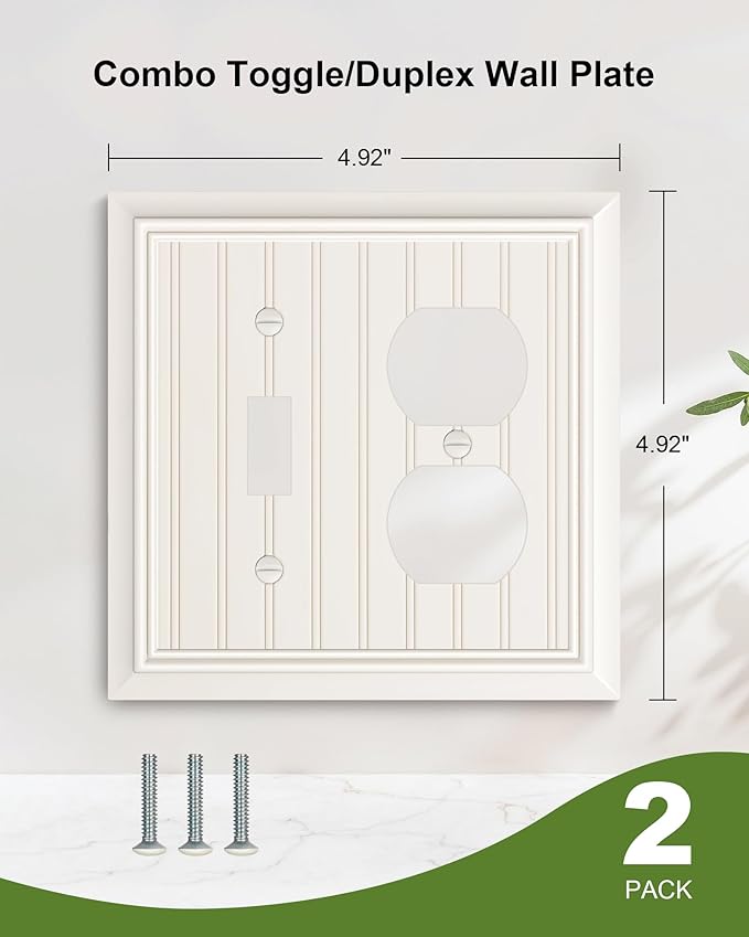 2-Pack Classic Beadboard Combo Toggle/Duplex Light Switch Cover Plate, Light Almond Outlet Cover Plate, Natural Bamboo Fiber Decorative Wall Receptacle Cover for Electrical Outlets, Light Switch