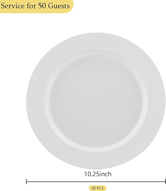 50 PCS White Plastic Plates for 50 Guests,10.25 inch Heavy Duty Disposable Plates for Wedding,Party,Birthday,Smooth Edge & Sturdy Dinner Plates