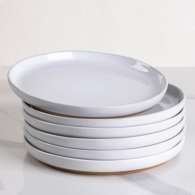 AmorArc Ceramic Dinner Plates Set of 6,10.5 Inch Stoneware Plates Set for Dinner, Elegant Dish Set with Rustic Terracotta Underside, Microwave & Dishwasher Safe, White