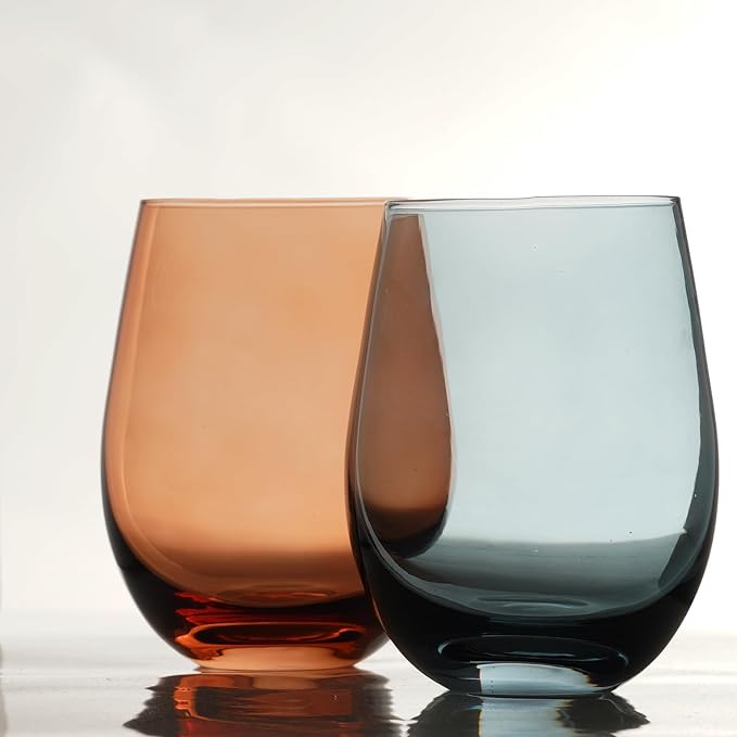 Colored Stemless Wine Glasses for Red or White Wine (Set of 2), 18-Ounces, Large Wine Glasses for Cabernet, Pinot Noir, Burgundy, Bordeaux (Blue&Orange O Wineglass Set of 2)