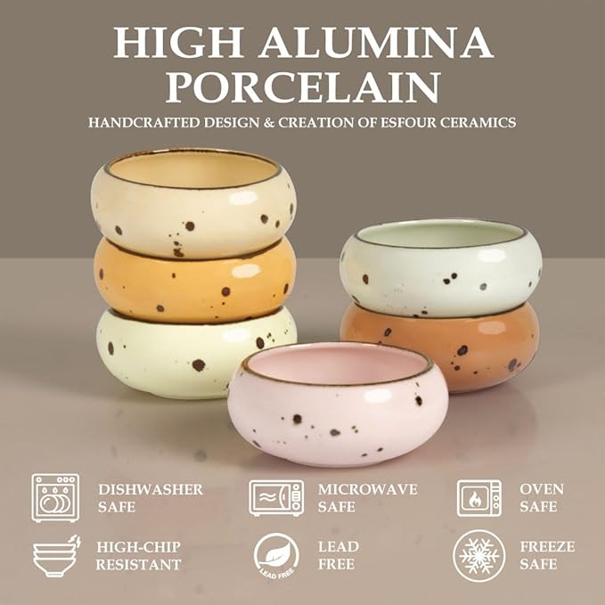 Small Hand Craft Dessert Bowls - 13.5oz Set of 6 - Microwave, Oven, Dishwasher Safe, Ice Cream, Soup, Snacks, Rice, Cereal, Chili, Side Dishes Dips, Ideal Gift - Blossom Assorted Color