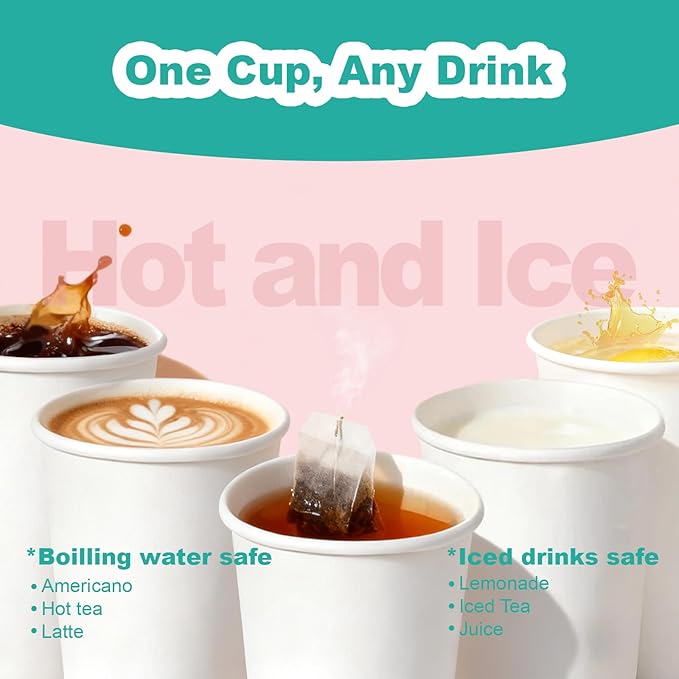 12 oz 100 Pack Disposable Coffee Cups, Bulk White Disposable Paper Cups, Coffee Cups for Hot Tea, Chocolate and Cold Drinks