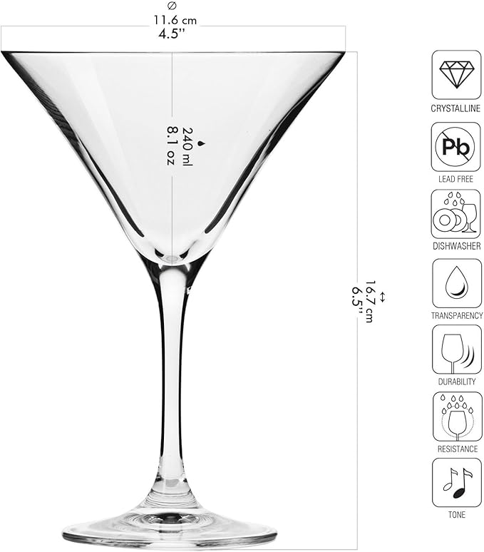 Krosno Martini Cocktail Glasses, Set of 6, 8.1 oz, Avant Garde Collection, Ideal for Cocktails, Frozen Desserts, Dishwasher Safe, Made in Europe