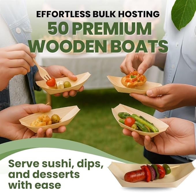Dtocs 135mm Disposable Wooden Boat Plates 50 Pcs. Biodegradable Wood Serving Boats | Eco-Friendly Food Boats for Sushi, Desserts, Appetizers, Snacks | Alternate to Plastic, Bamboo, Paper Plates