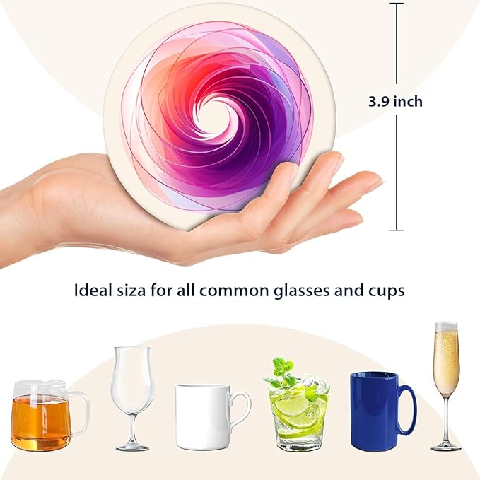 Boho Set of 6 Coasters for Drinks Absorbing Round Ceramic Stone Coaster with Cork Base,Tabletop Protection Mat for Mugs and Cups,Office,Kitchen (Colorful Halo)