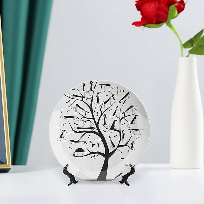 Ceramic Display Plate, Abstract Ceramic Hanging Decorative Plate, Monochrome Autumn Season Tree with Dog on The Branches, 8 Inch, Household Custom Ceramic Plate, Black and White