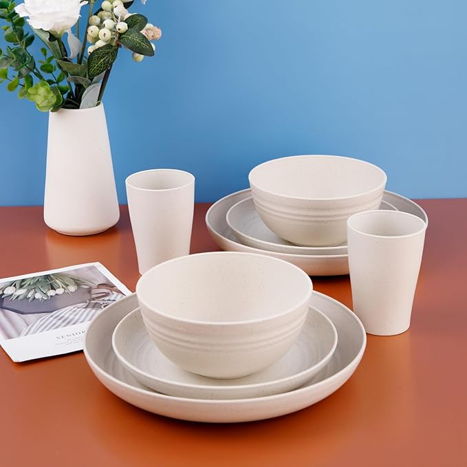 Supernal Wheat Straw Dinnerware Sets,Dish Sets for 8,Plates and Bowls Set Dishwasher Safe,Unbreakable Dinnerware,Reusable Plastic Plates,Beige Color 16pcs Plates, 8pcs Bowls, 8pcs Cups.