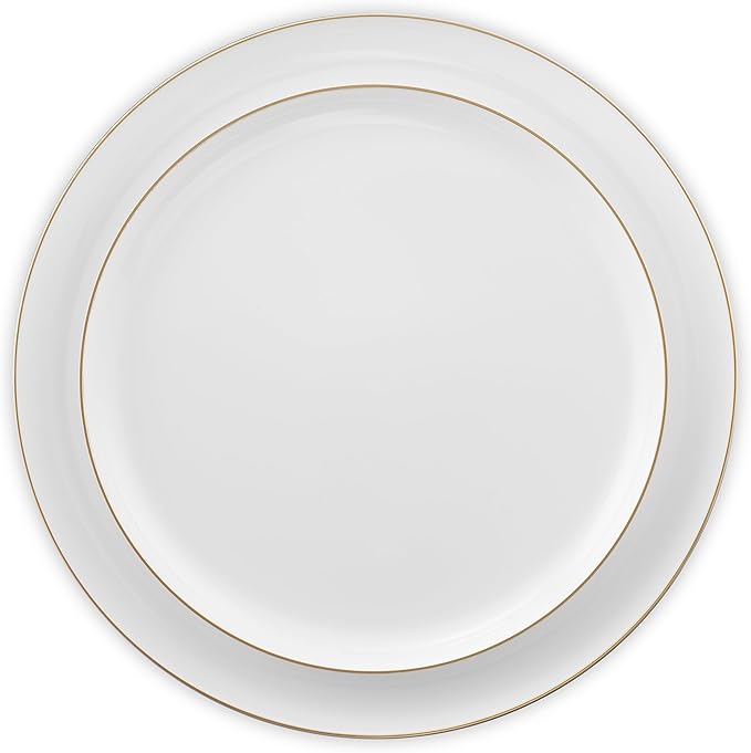 BloominGoods 50 PCS Disposable Plastic Plates For Party, 25 8.5 In. Appetizer Plates And 25 10.5 In. Dinner Plates, White With Gold Rim Plates For Wedding Or Event, Heavy Duty