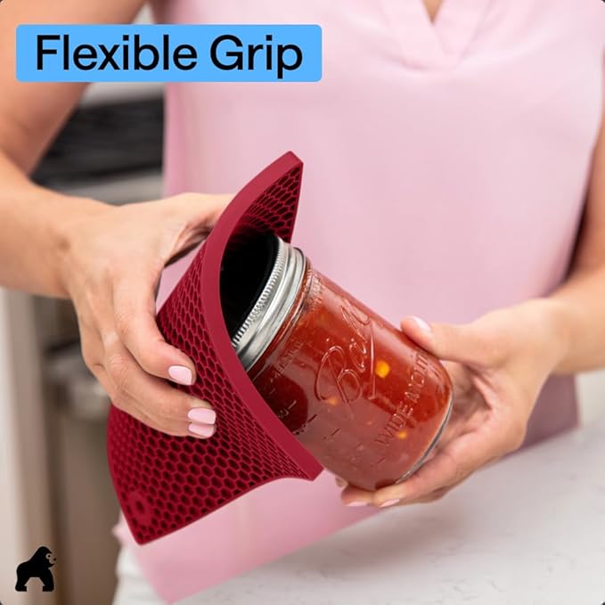 GORILLA GRIP BPA-Free Soft Silicone Oven Mitts and Pot Holders Sets of 4, Heat Resistant Waterproof Cooking Gloves, Thick Cotton Lining, Flexible Gripping for Baking Grilling, Kitchen Trivets, Red