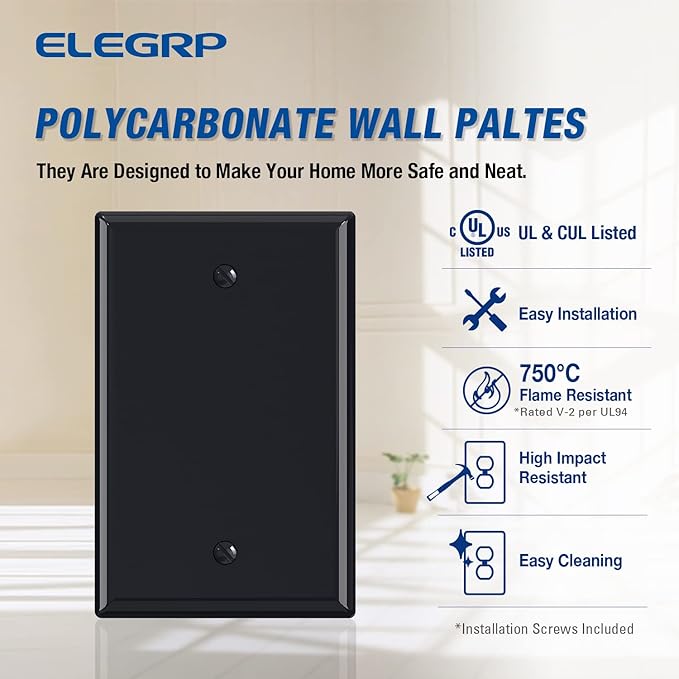 ELEGRP 1-Gang Blank Device Wall Plates, Mid-Size 4.88" H x 3.13" L Unbreakable Thermoplastic Blank Faceplate Cover for Unused Outlets/Switches, UL Listed (2 Pack, Glossy Black)
